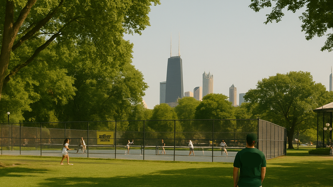 People sitting on a blanket in a park with a city skyline in the background